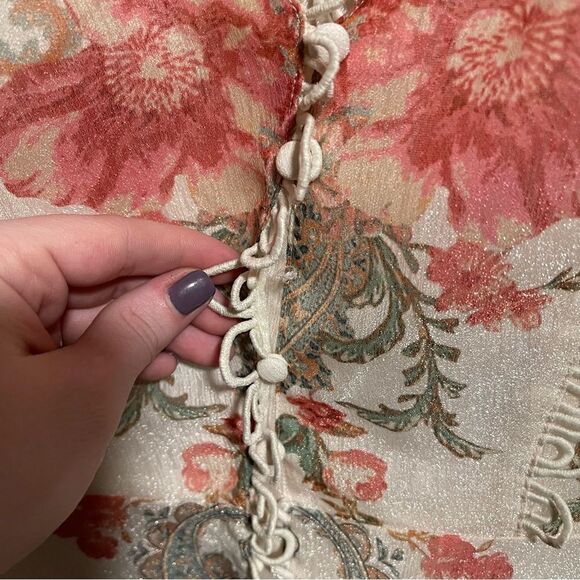 Anthropologie-{Champagne & Strawberry}- Shimmer Rose Button Down Lace Trim Dress - Picture 5 of 9